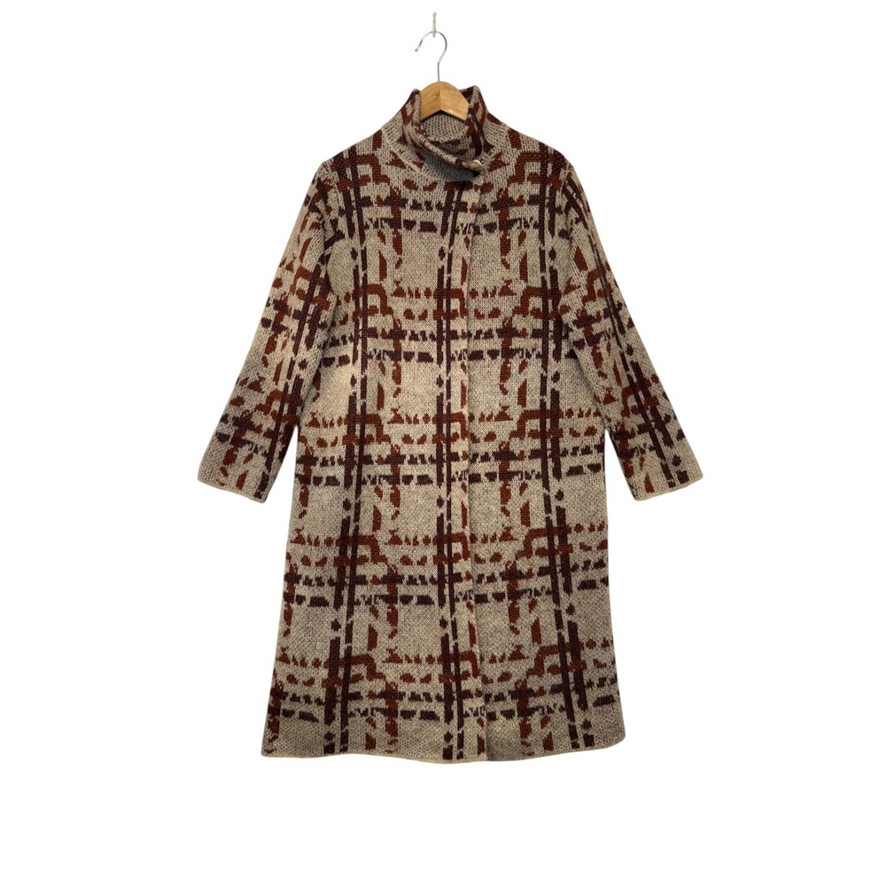 Cocogio Italy Womens Abstract Geometric Knit Long Cardigan Coat Tan Brown‎ OS